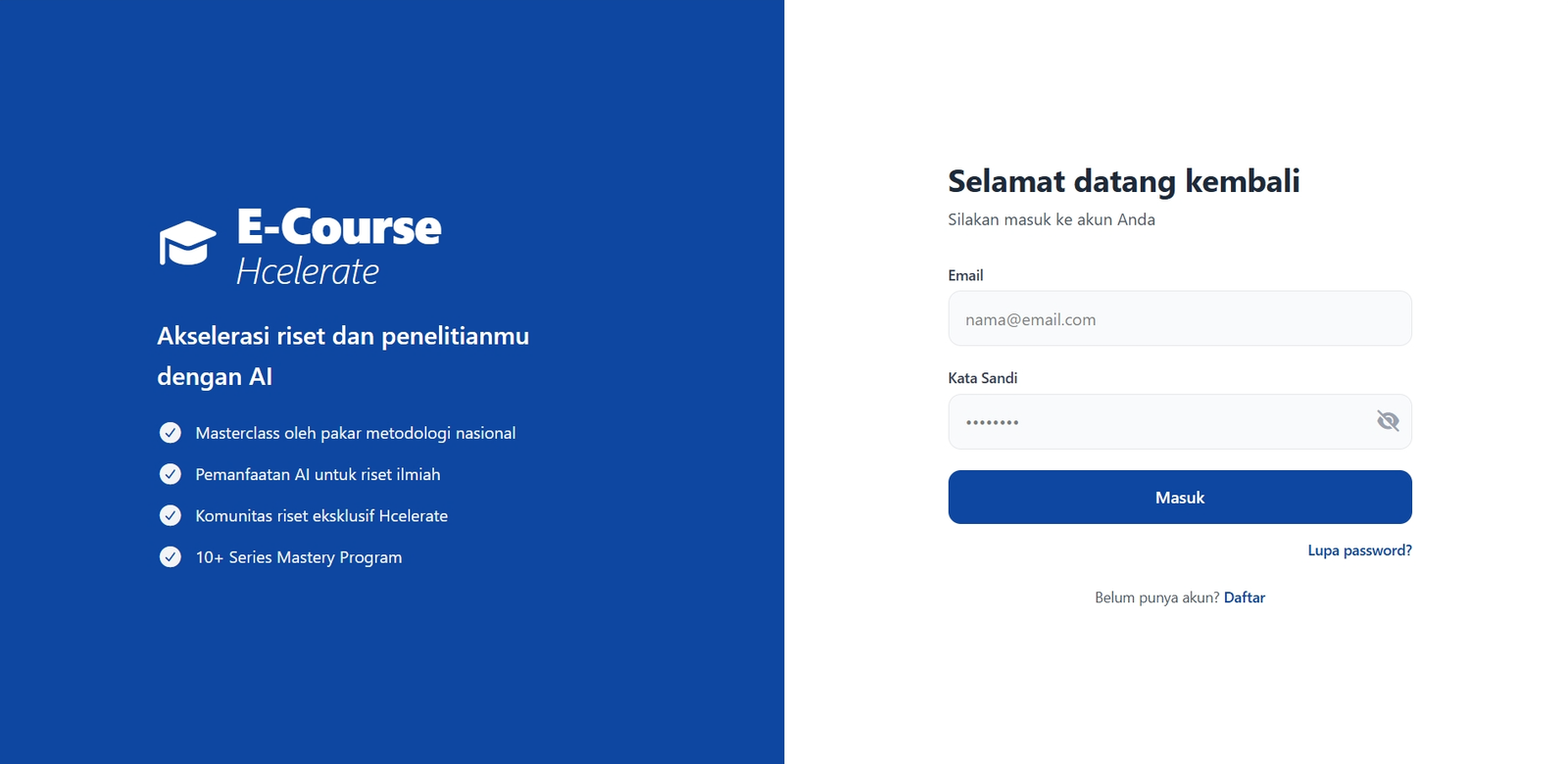 Tampilan Login E-Course Hcelerate